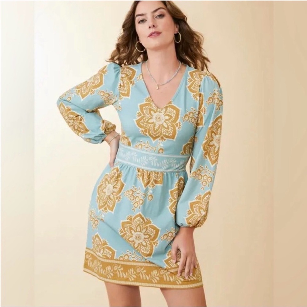 Spartina 449 Blue and Gold Floral Long Sleeve Dress